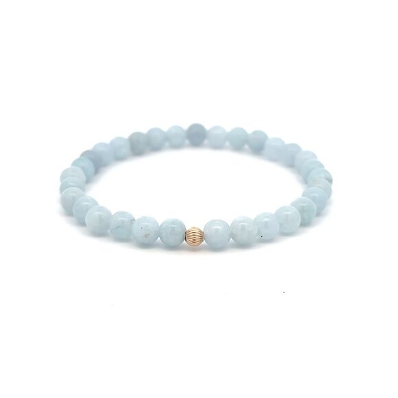 RAFANTHIA Jewelry - Natural Gemstones Aquamarine 6mm Stretchable Bracelet 14k Gold Corrugated Bead